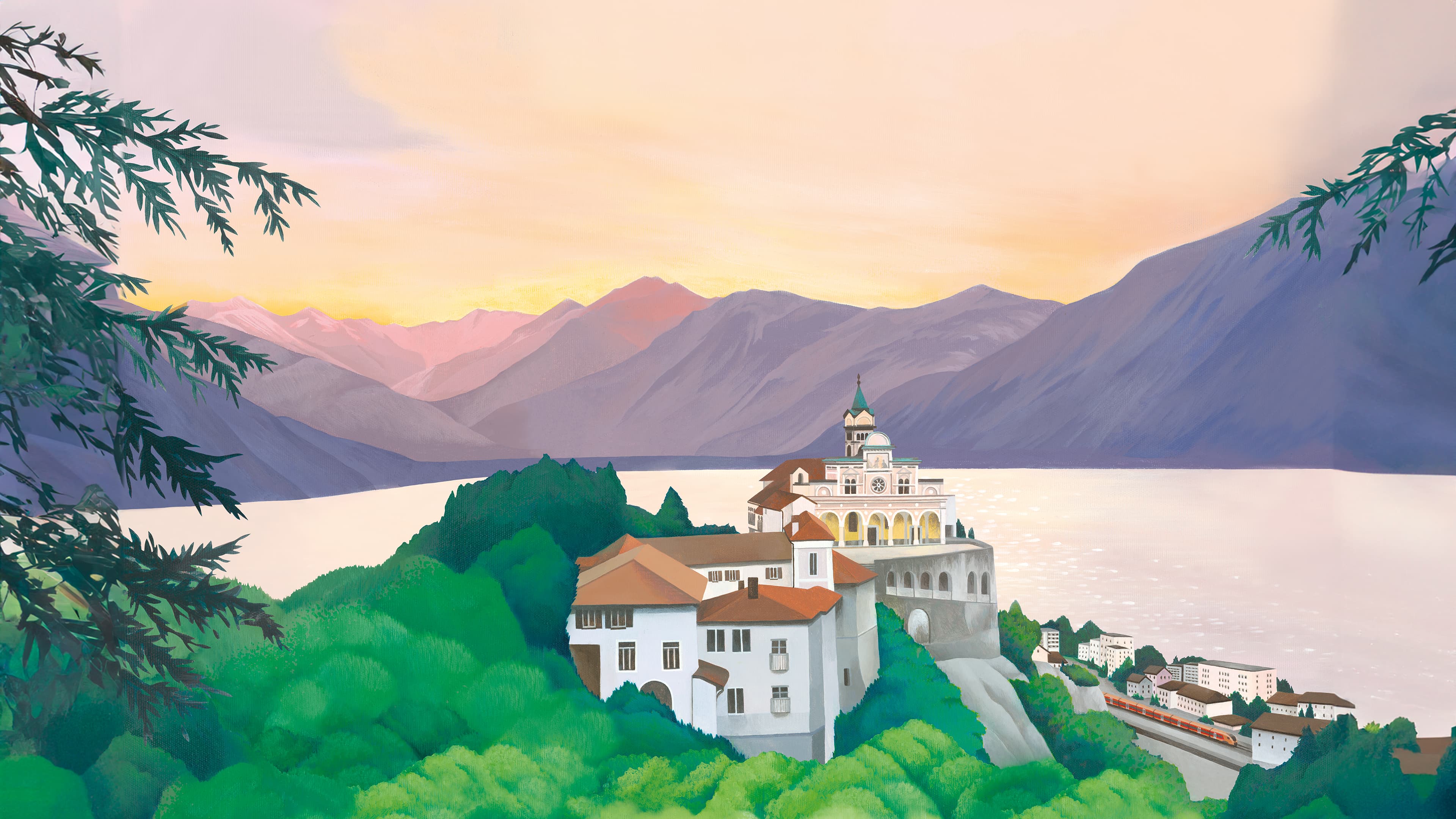 Zug fährt über eine Brücke, während die Landschaft in der Animation von Sommer auf Winter wechselt.