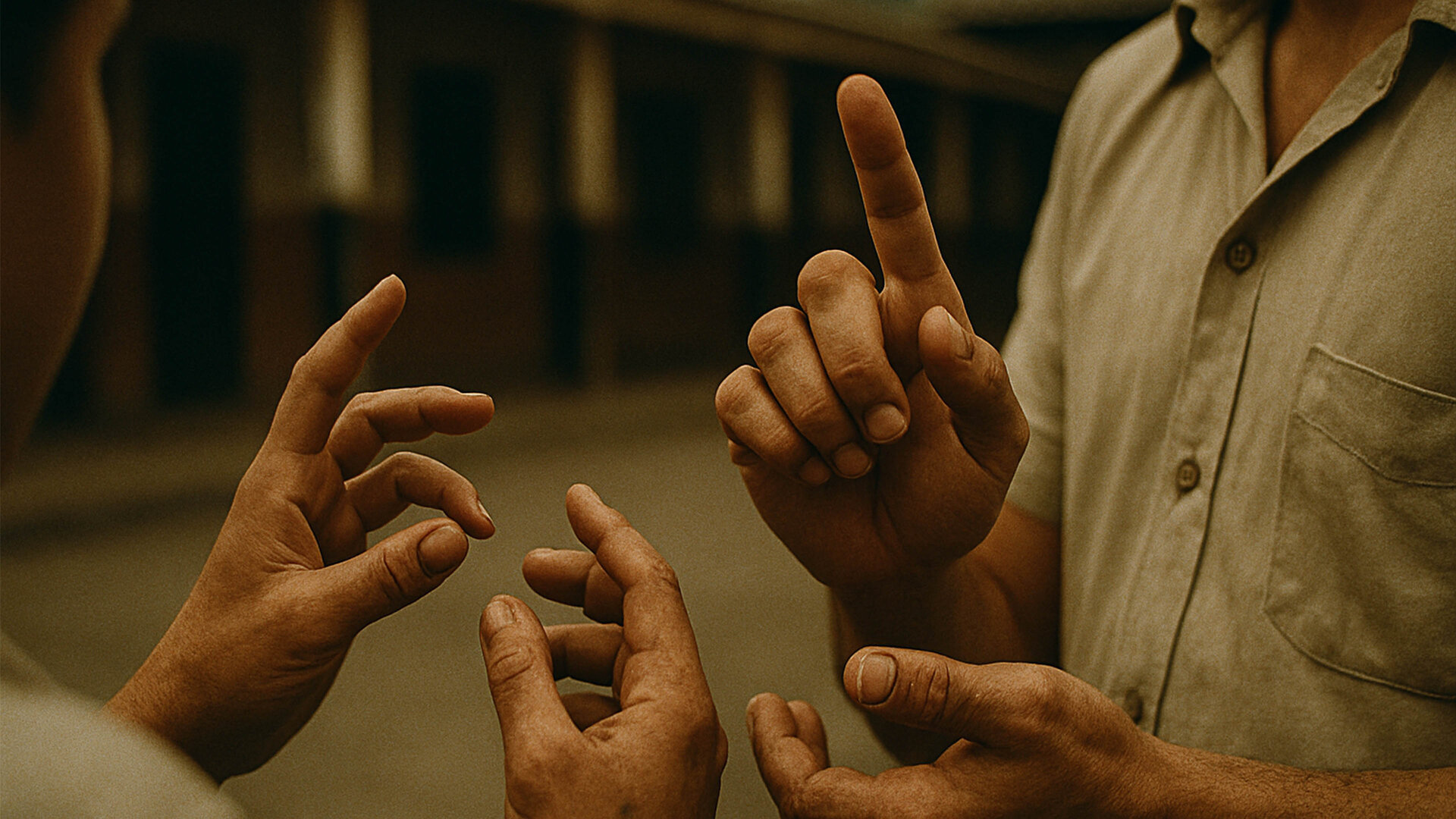 Hände mehrerer Personen in Bewegung bei der Nutzung von Gebärdensprache.
