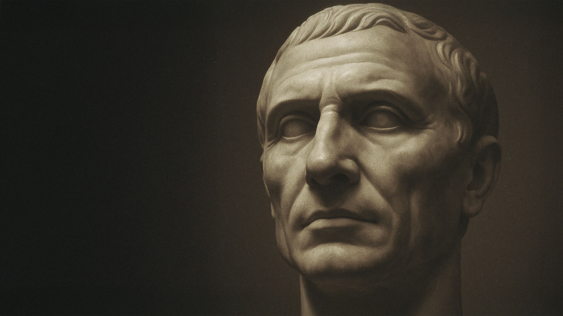 Detailaufnahme einer Marmor-Büste eines ernst blickenden Mannes im Stil der Antike.