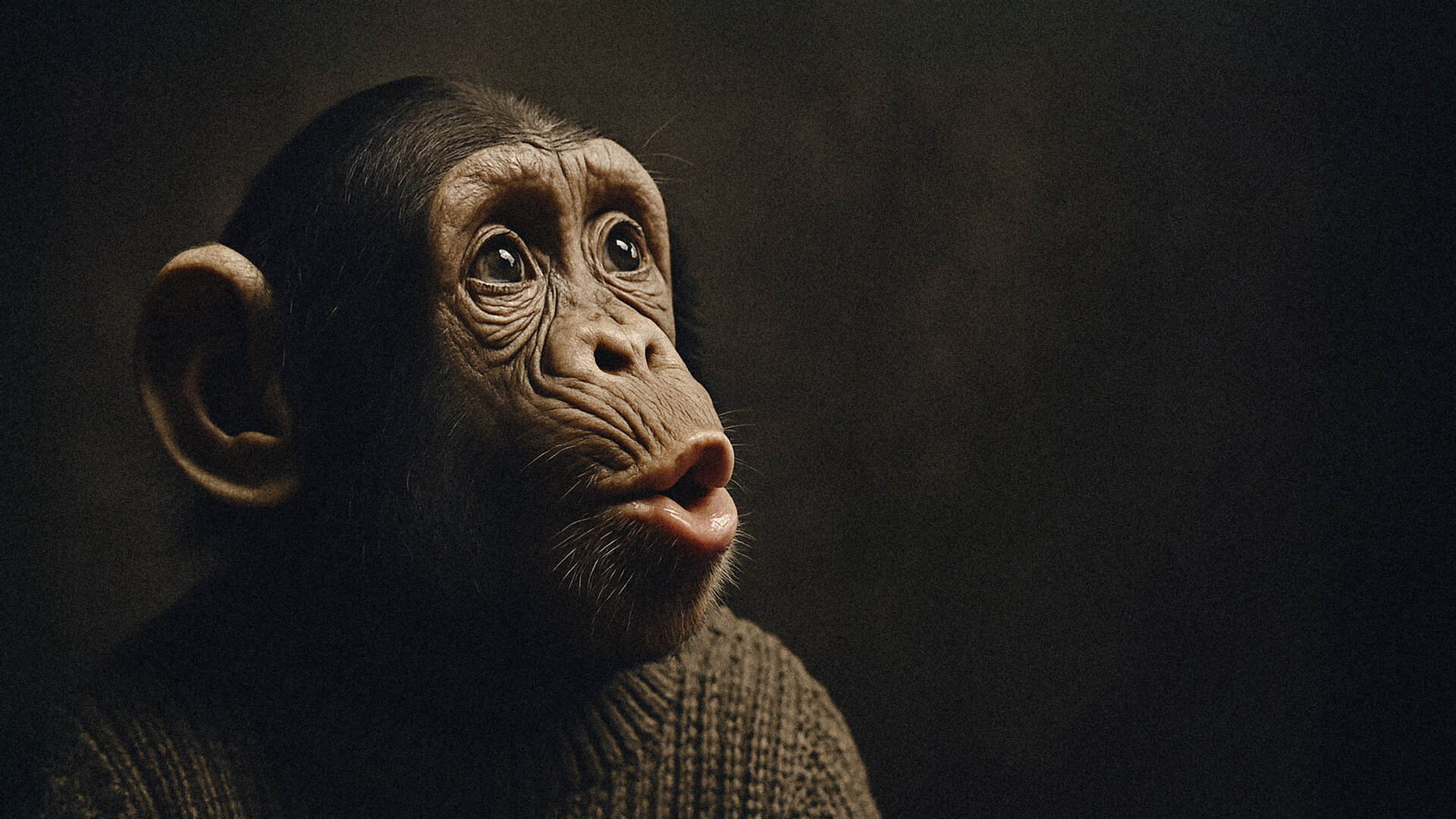 Nahaufnahme eines jungen Affen mit offenem Blick nach oben vor dunklem Hintergrund.