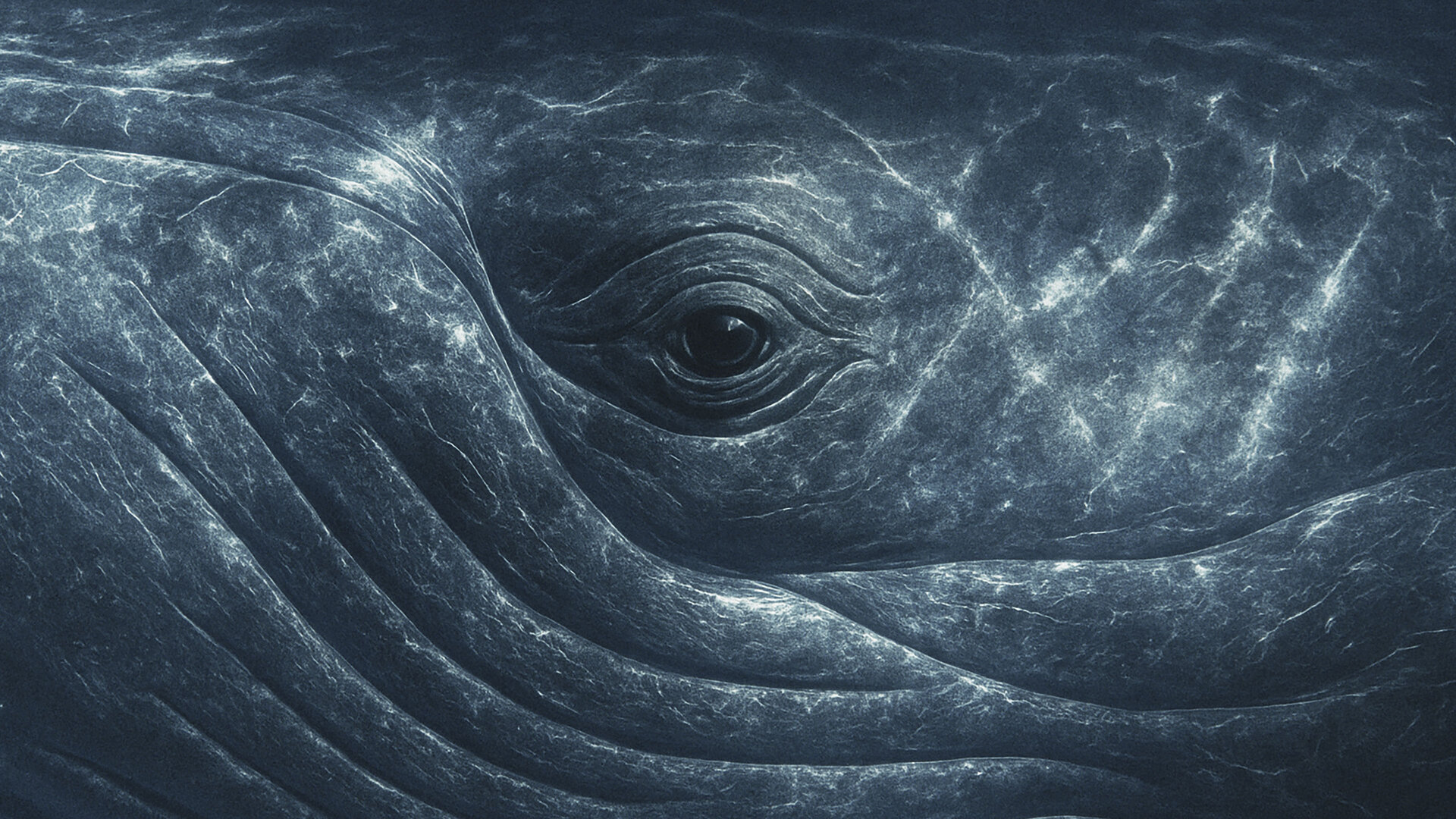 Nahaufnahme eines Wals unter Wasser, mit sichtbarem Auge und Hautstruktur.