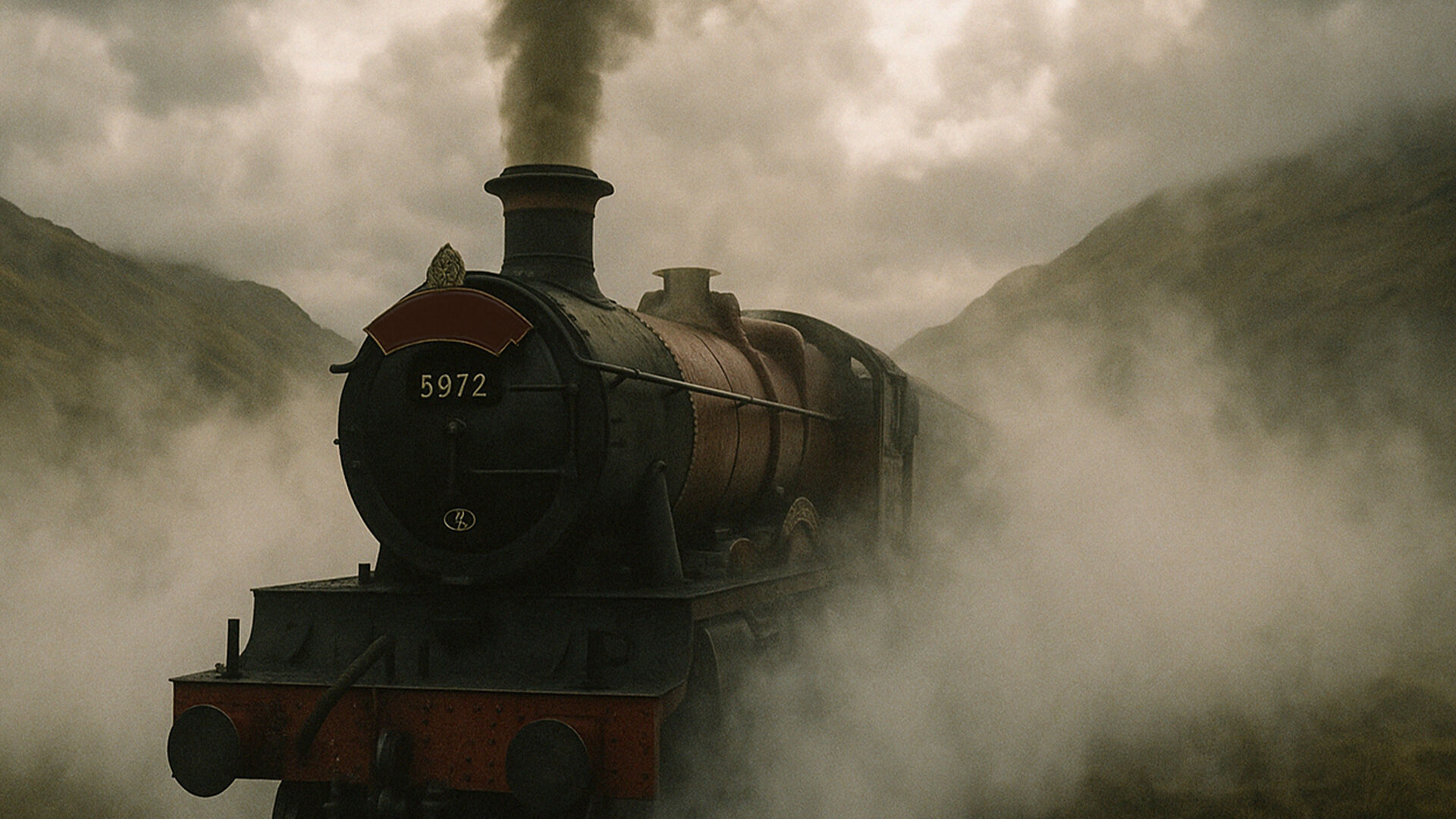 Eine schwarze Dampflok mit der Nummer 5972 fährt dampfend durch eine neblige Berglandschaft.