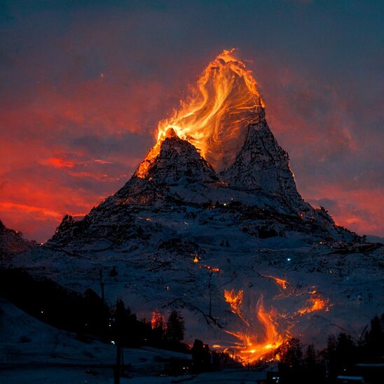 Ein verschneites Matterhorn, dass wie ein ausbrechender Vulkan aussieht, mit Flammen und Lava im Abendhimmel.
