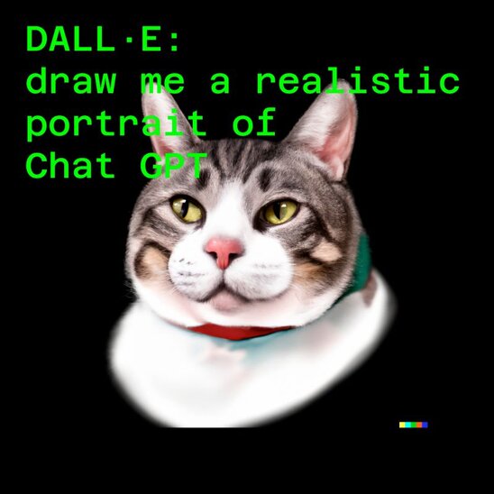 Digitale Zeichnung einer Katze als Porträt mit Text über DALL·E und Chat GPT.