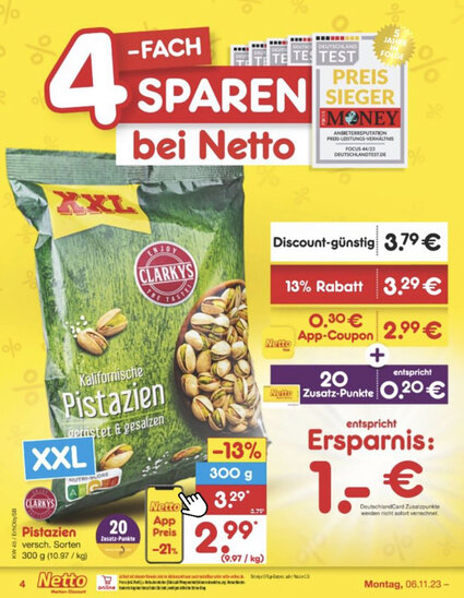 Ein Netto-Werbeflyer bewirbt Clarkys Pistazien im XXL-Format mit Rabattaktionen und einer Gesamtersparnis von 1 Euro.