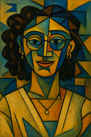 Kubistisches KI-Porträt einer Frau mit Brille.