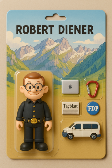 KI-generierte Cartoonfigur „Robert Diener“ mit Zubehör.