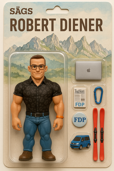 KI-generierte Actionfigur „Robert Diener“ mit Accessoires.