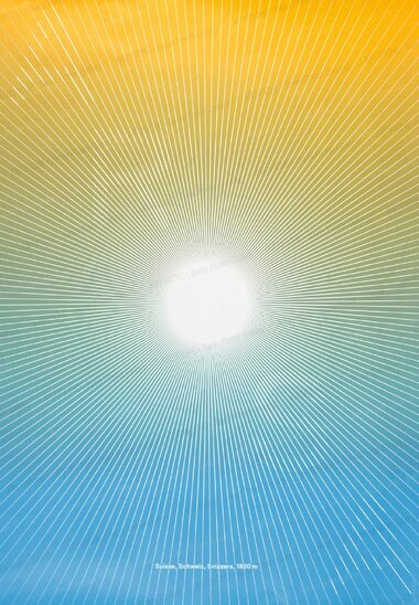 Vintage Arosa Plakat mit grafischer Sonne.