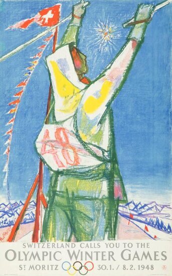 Plakat der Olympischen Winterspiele 1948 in St. Moritz.