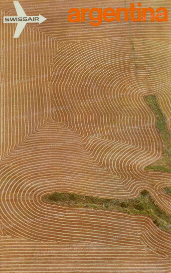 Swissair Plakat mit Landschaft Argentinien in Vogelperspektive.