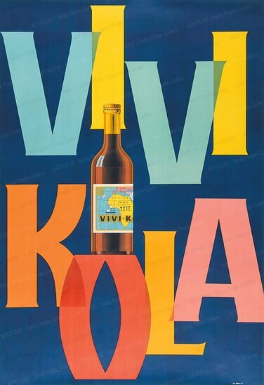Buntes Vivi Kola Plakat mit Schriftzug und Flasche.