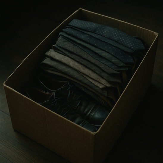 Box mit Krawatten und schwarzen Schuhen auf dunklem Boden.
